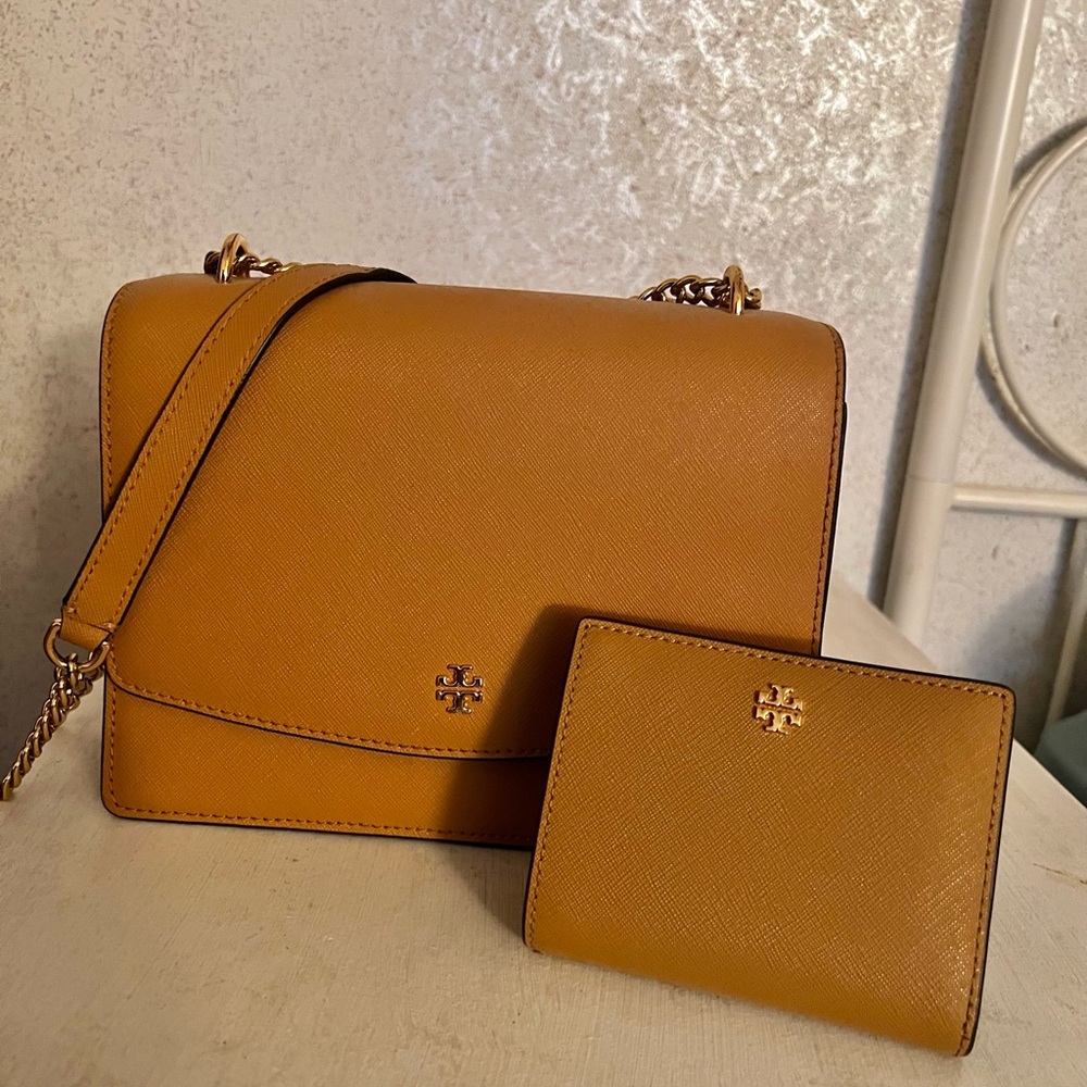 Tory Burch Tan Leather Crossbody Bag and Wallet Set